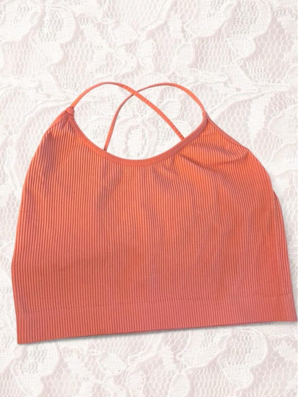 Colsie Ribbed Crossback Crop Tank — Coral Orange
